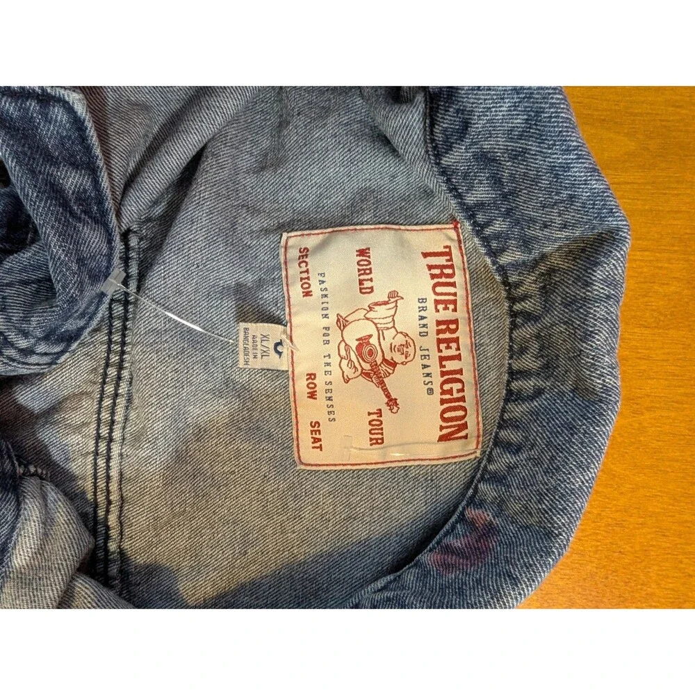 True Religion Denim Jacket XL Blue Logo Tape Sleeves NWOT Minor Flaw Y2K...